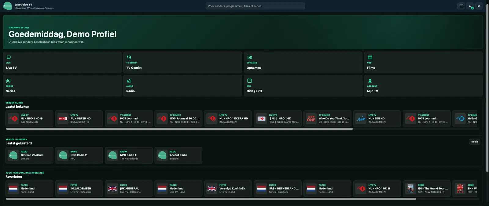 Het startscherm van EasyVoice TV